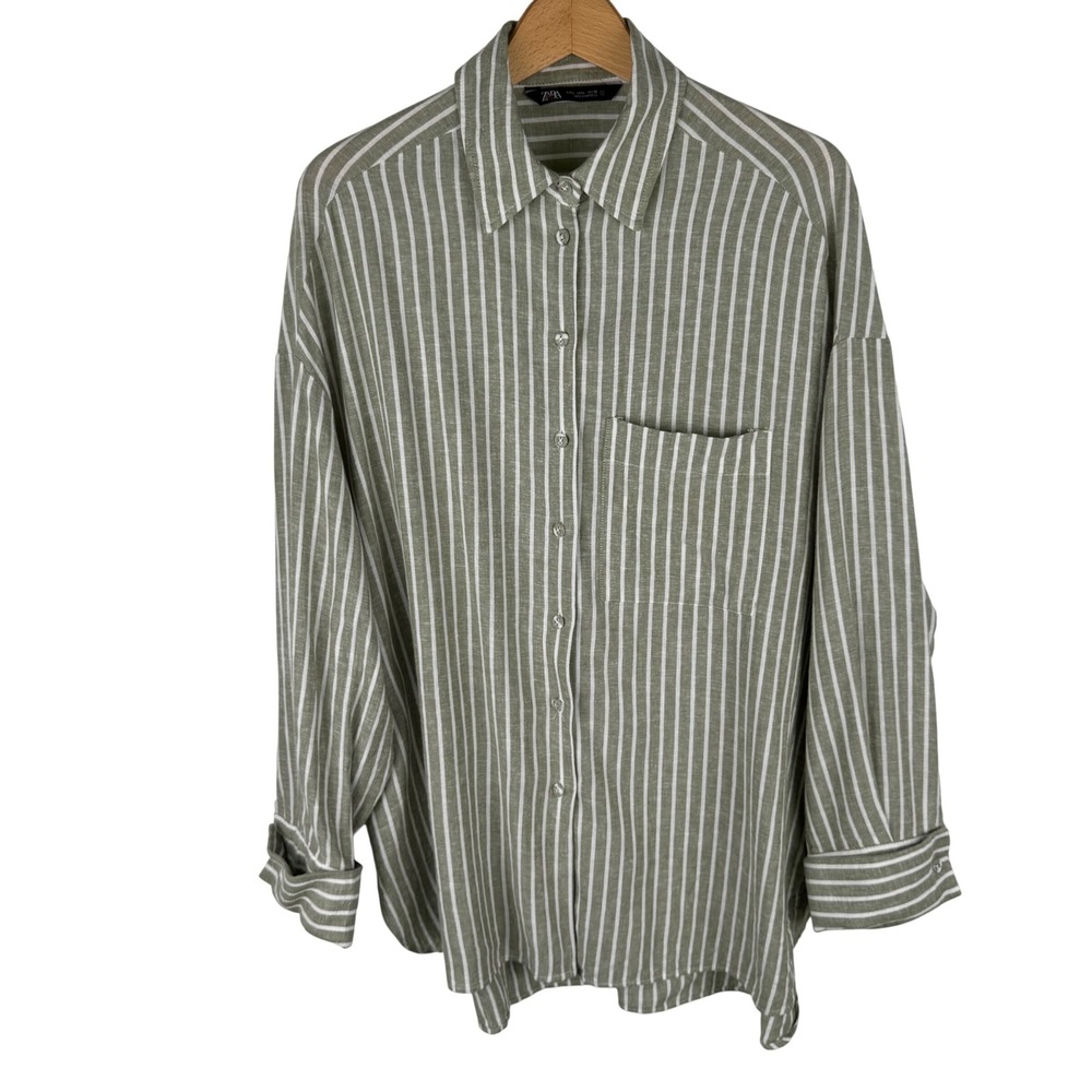 Zara Linen Striped Oversized Button Down Shirt Womens L Green White French Cuffs - Picture 2 of 8